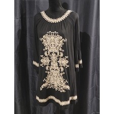 Urban Mango Black Embroidered Cotton Tunic Dress Boho Peasant 3/4 Sleeve Medium