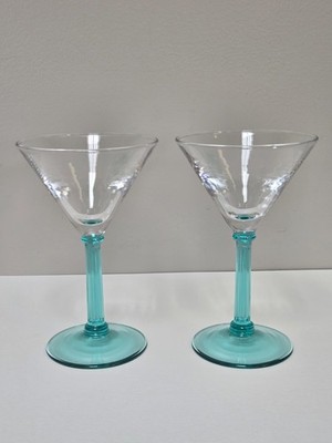 Vintage Luminarc France Martini Glasses 6'' (Pair of 2) Aqua Teal / Ribbed Stem