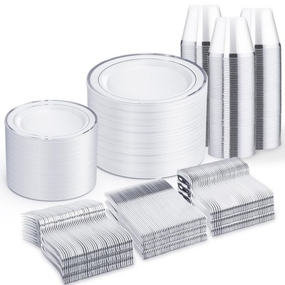 600 PCS Silver Disposable Dinnerware Set for 100 Guests, Wedding Reception Pl...