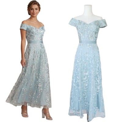 OLEG CASSINI Ice Blue Sequin Off-the-Shoulder Gown Sz 4 Cinderella Formal Dress