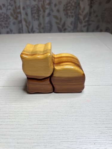 Handcrafted  Wood “ Cat “ Trinket Box 3 Hidden Compartments 3.25” x 4.5”