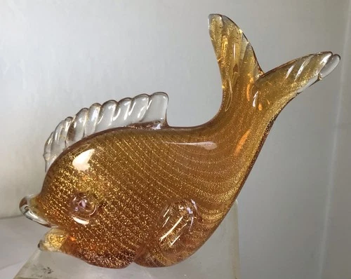 VINTAGE MURANO GLASS FISH SCULPTURE ORANGE GOLD ROPE WITH LABEL SEGUSO BAROVIER