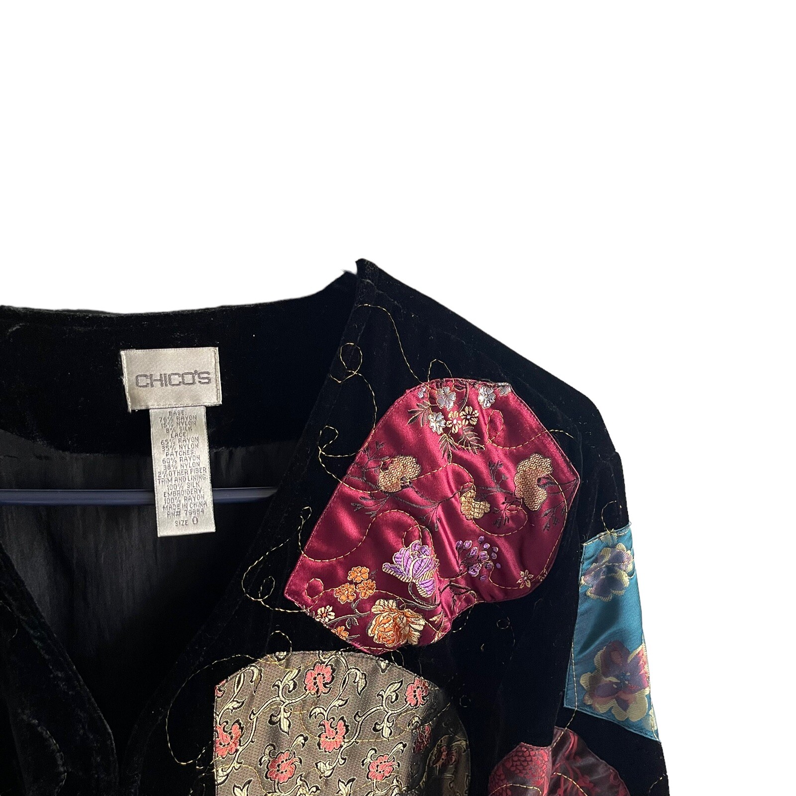 EUC Chico's Black Velvet Jacket Patchwork Lace Fl… - image 3