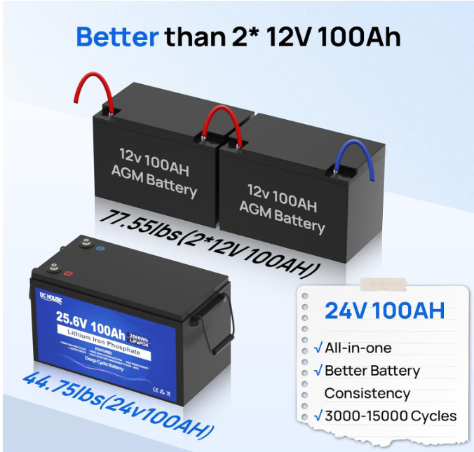 24V 100Ah LiFePO4 Lithium Battery BMS Solar Deep Cycle RV Camper Marine