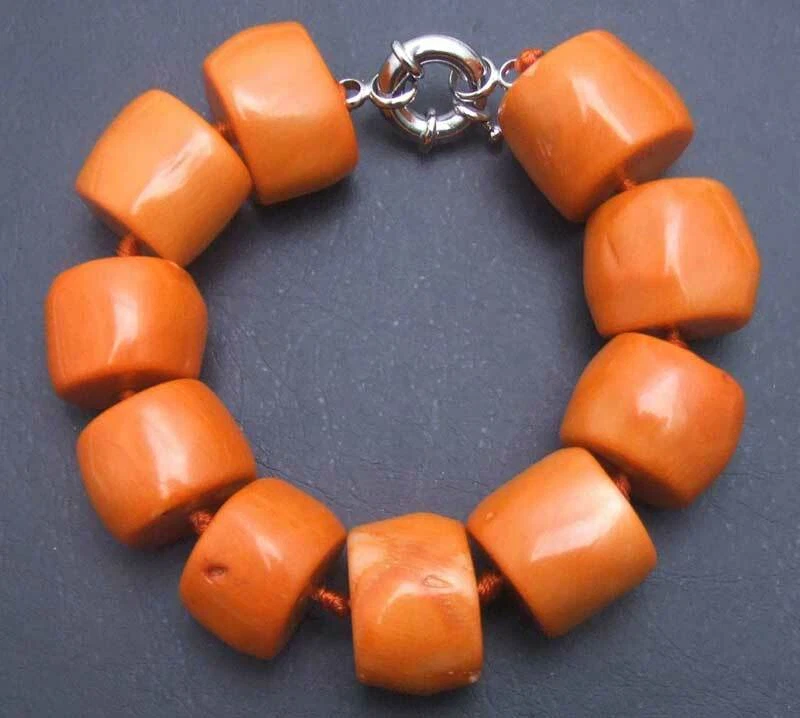 Pulseira feminina genuína de coral laranja natural fatia de 15 a 20 mm de espessura 9" joias - Imagem 3 de 4