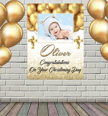 LARGE CHRISTENING BAPTISM POSTER BANNER PERSONALISED Gold Effect Any Name Text