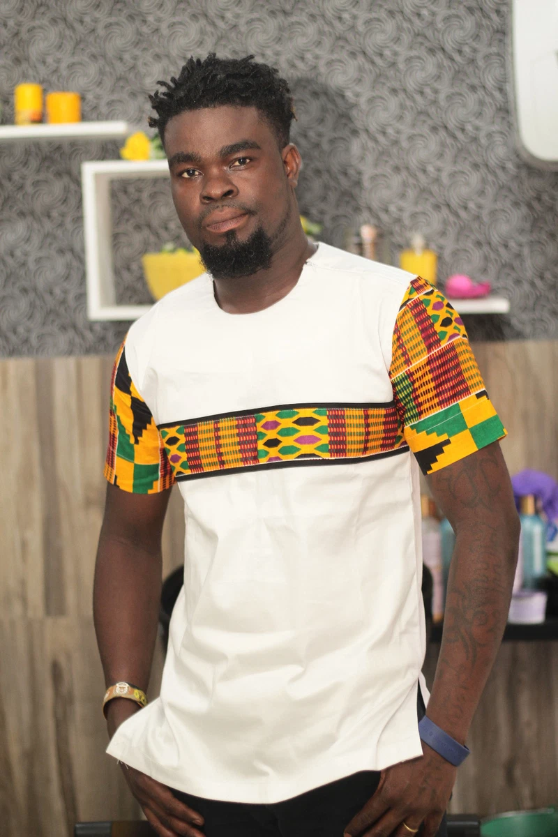 African Men s Kente and White Cotton Short Sleeve Shirt African Men s Clothing