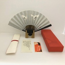 Rare Japanese Sensu Folding Fan Crane picture Atsushi Uemura Miyawaki w/stand