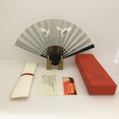 Rare Japanese Sensu Folding Fan Crane picture Atsushi Uemura  Miyawaki w/stand