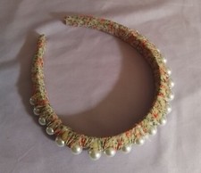 Vintage Floral Print Headband With Faux Pearl Accents