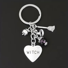 Witch, Keychain with cauldron broom, witch hat, purple beaded, glass, crystal