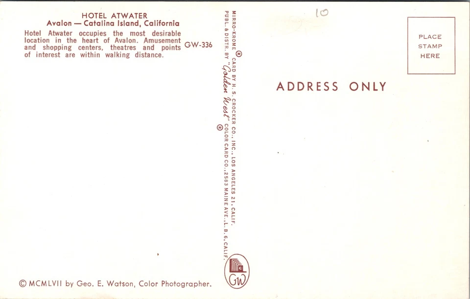 Catalina Island California Hotel Atwater the Heart of Avalon Vintage Postcard - Image 2 of 2