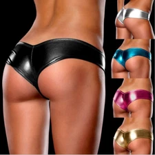 Women Sexy Wet Look Brief Faux Leather G-String Thong Panties Lingerie Underwear