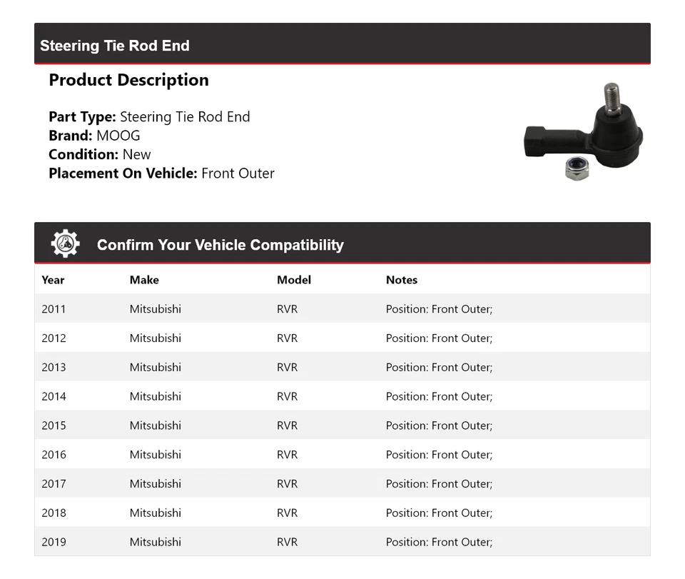 Para Mitsubishi RVR 2011-2019 extremo de barra de dirección delantera exterior MOOG 2011 2012 Foto 2 de 4