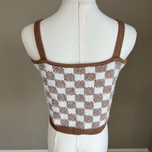 Hazel Moon Brown Cream Checkered Fuzzy Soft Sweater Cami Crop Top Size Large - Picture 3 of 11