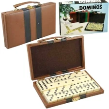 DOMINOES DOUBLE SIX LEATHERETTE CASE STANDARD SIZE TILE THICK 28 PC DOMINO GAME