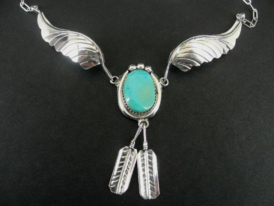 Sterling Silver 925 Vintage Turquoise Feather Wing Necklace-image