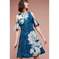Anthropologie Maeve Elia Dress Open Shoulder Blue Floral Women's Size 4