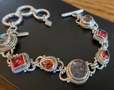 Sarda, Bali Made, Sterling & 7 Stone Quartz/Topaz Toggle Bracelet Fits 6.5-7.75”