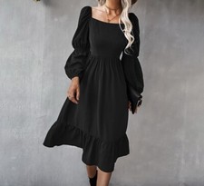 Size Small Women’s Black Midi Dress Double Puff Sleeves A-line See Size Guide