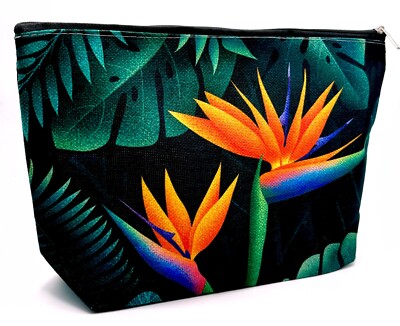 Tropical Bird of Paradise Flowers Canvas Zippered Pouch Makeup Bag Travel New