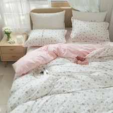 Vintage Style Garden Pink Floral Duvet Cover Queen 100 Cotton White Pink Bot...