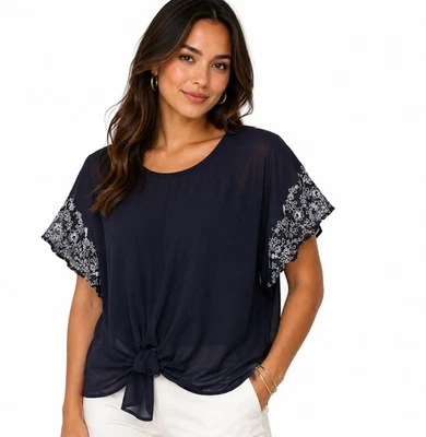 Democracy Womens 2X Navy Sheer Tie Front Embroidered Sleeve Blouse Lightweight - Image 1 of 4