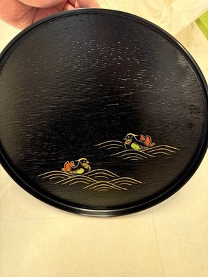 Black Lacquered Oval Tray with Sparrow and Swallow Makie Decoration