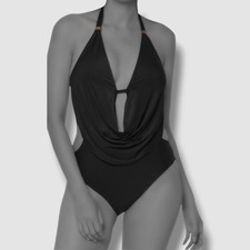 Bar III Women Black Solid Cowlneck One-Piece Swimsuit Size: M