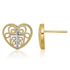 14K Solid Yellow Gold Filigree Cross Heart Stud Dangle Earrings