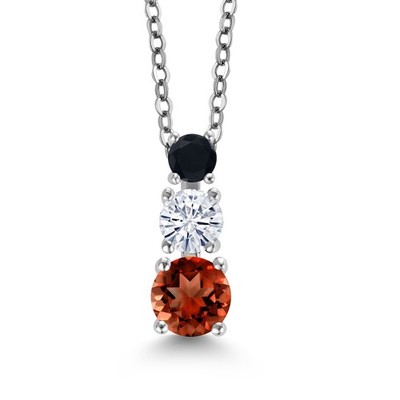Rhodium Plated 3 Stone Pendant for Women & Chain Round Garnet Moissanite 1.33ct