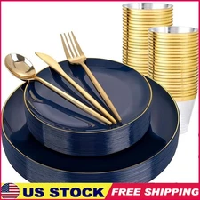 Navy Blue Gold Disposable Dinnerware Set 25 Guests Elegant Party Supplies New