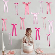 16Pcs Pink Bow Birthday Party Decorations Satin Ribbon Bows Party Background ...