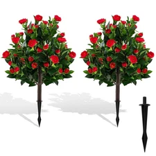 2 Pack 31" Artificial Camellia Tree Set w/Ground Spikes Floral Blooming Bushes