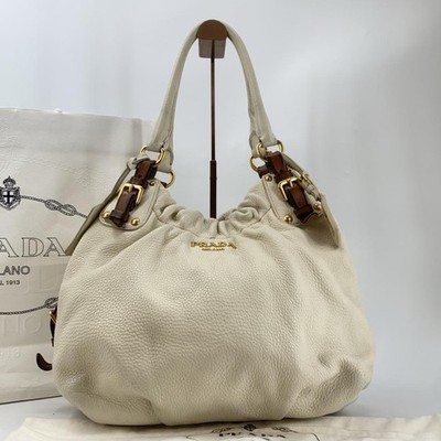 PRADA Vitello Daino Handtasche Hobo One Shoulder Leder Elfenbein Braun Gold H...