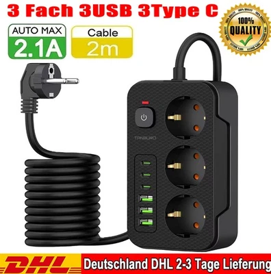 MARKENLOS Steckdosenleiste 3-fach, 3x USB-C + 3x USB-A Mehrfachsteckdose USB Ladefunktion