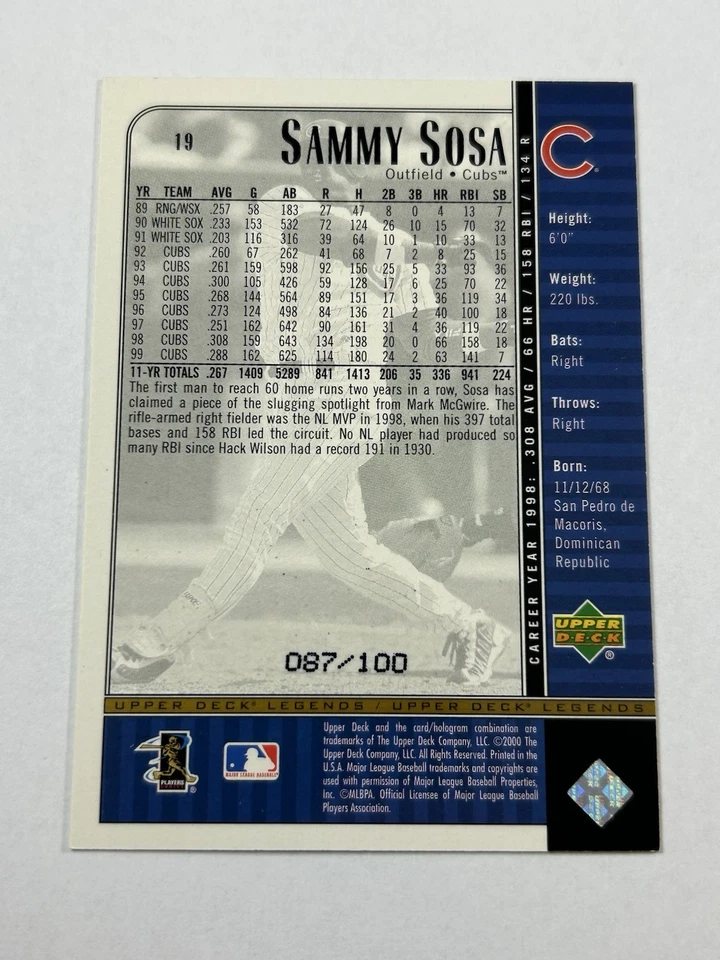 2000 Upper Deck Legends Sammy Sosa Holo Silver /100 Cubs - Image 2 of 2