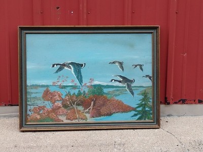 Vintage Wildlife Geese Flying Southbound Oil Painting Signed Grant B. Smith 