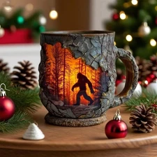 Halloween Gorilla Bigfoot Forest Fire Mug 3D Tree Bark Texture Design Mugs