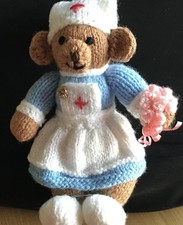 Hand Knitted Nurse  Teddy Bear Gift Wrapped With Ribbons 13cm Graduation Gift