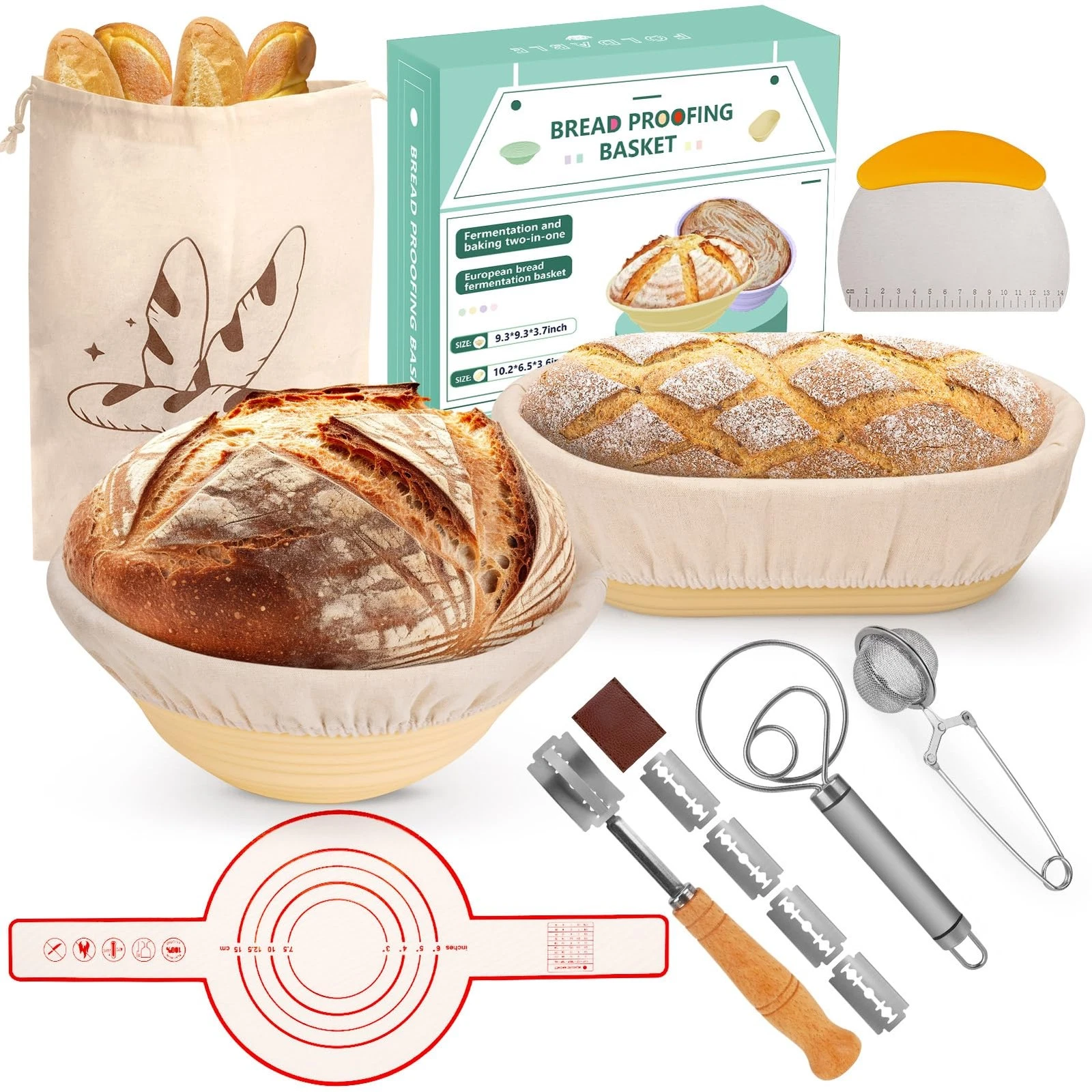 10PS Banneton bread proofing basket Set - 9" Round & 10" Oval Silicone sourdo...
