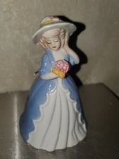 Vintage 1970s Southern Belle Girl With Flowers, Blue Dress, Brimmed Hat Bell