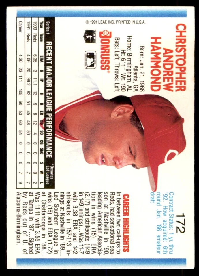 1992 Donruss Chris Hammond Cincinnati Reds #172 - Image 2 of 2