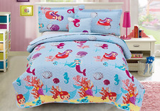 Blue Mermaid 4 Pcs Twin / Full Size Kids Boys Girls Quilt/ Shams/ Cushion Set