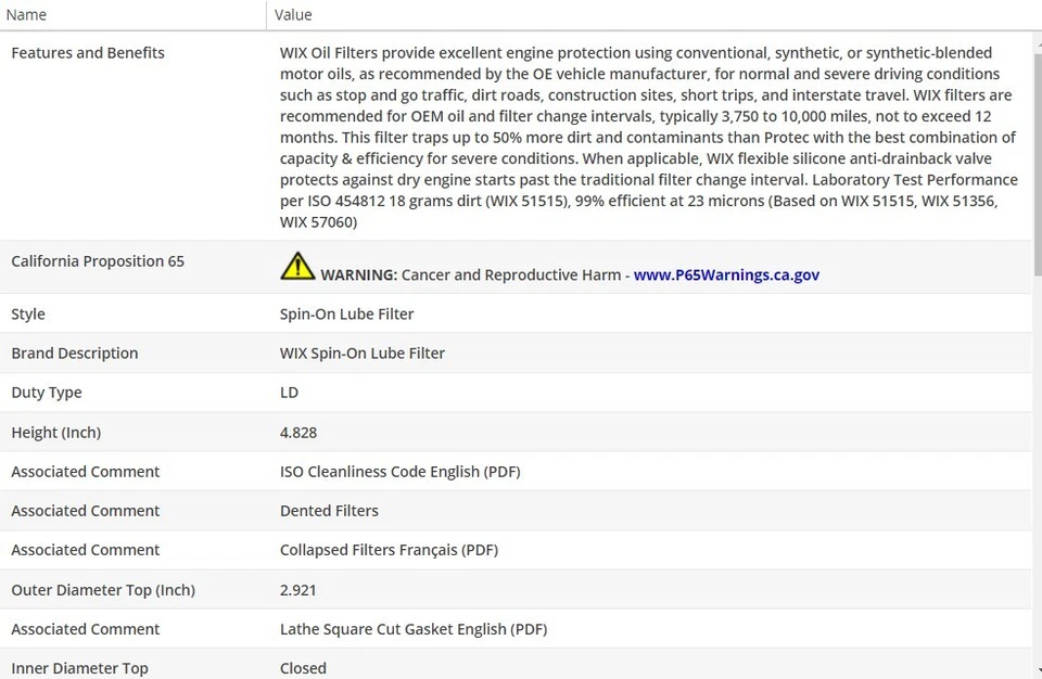 Filtro de aceite tipo OEM WIX para Chevrolet Camaro 1990-1992 V6-3,1 L Foto 3 de 4