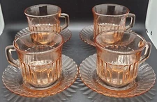 Forte Crisa Radiance Pink Glass Cups & Saucers. Scalloped Edge. Set Of 4. 