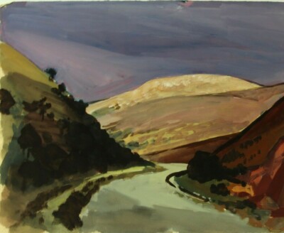  Gerda Henning Weite bergige Landschaft mit Fluss Tusche Aquarell Nachlass
