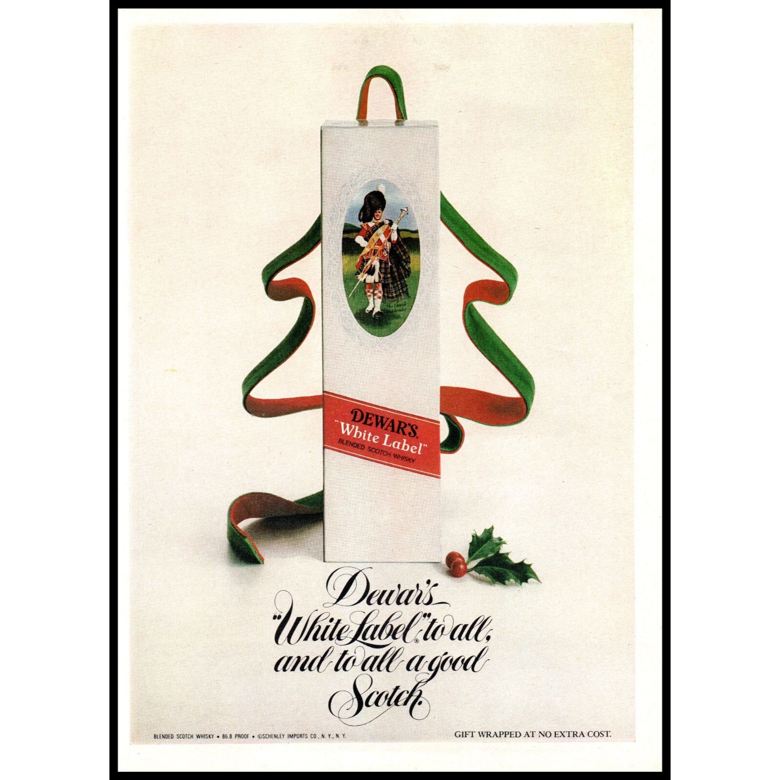 1978 Dewars White Label Scotch Vintage Print Ad Christmas Tree Ribbon Wall Art