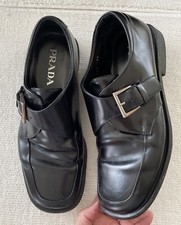 Prada Black Leather Monk Strap Buckle Dress Shoes Mens US Size 8.5