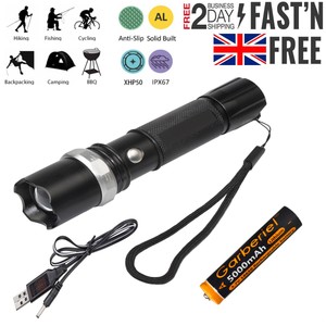Police 20000LM T6 LED 18650 Super Bright Zoom Flashlight Powerful Lamp Torch UK